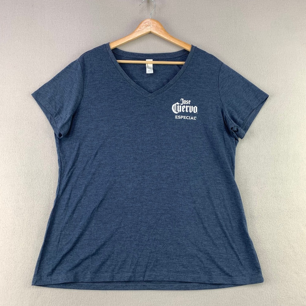 Jose Cuervo Shirt Womens XL Blue Mexico Map V-Neck Tee Tequila Alcohol Workwear